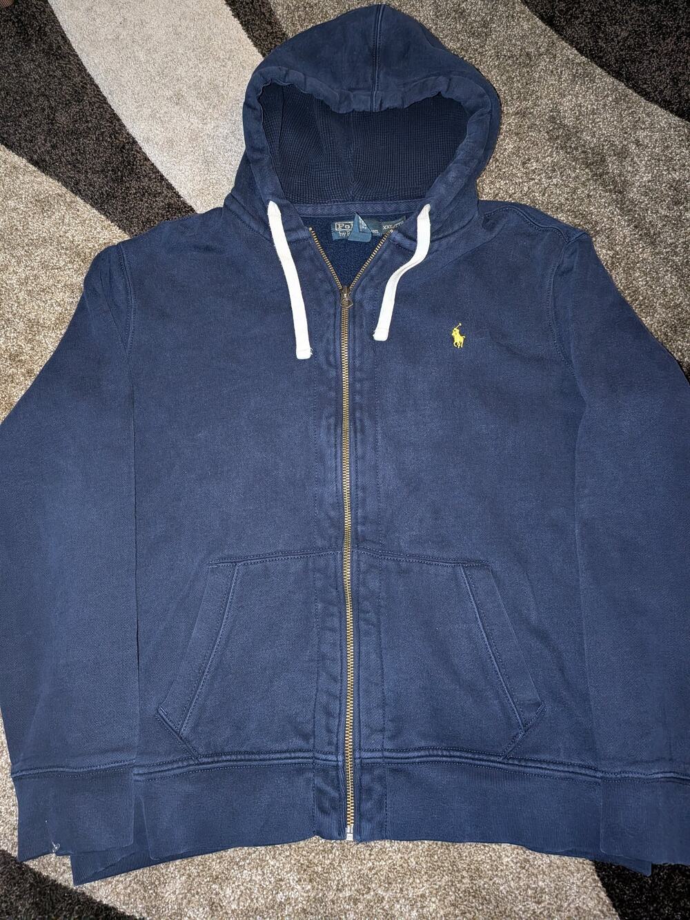 Polo Ralph Lauren Full Zip Hoodie Mens XXL Navy Blue Yellow Pony Sweatshirt